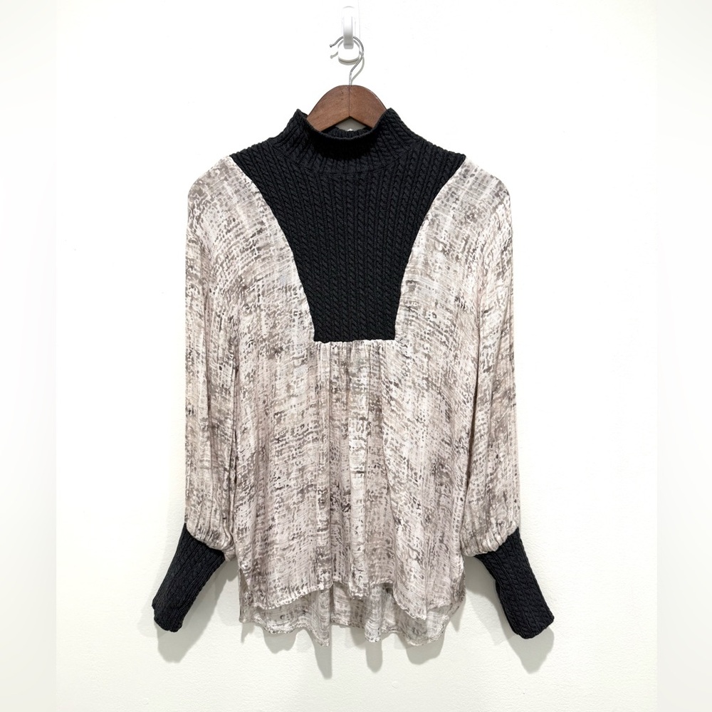 Gimmicks By BKE Beige Abstract Geo Print Mock Neck Cable Knit  Boho Sweater XS